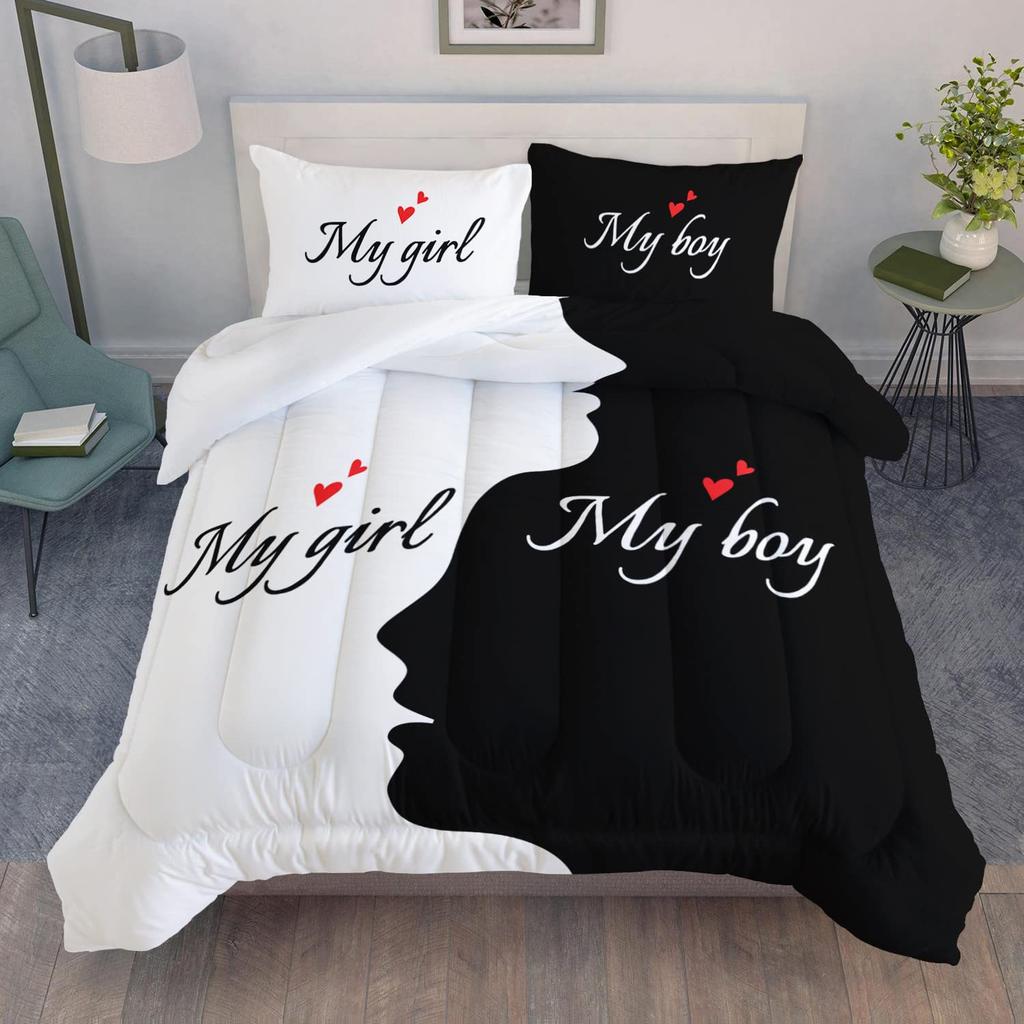 Love Pattern Duvet Cover 3D Printed Bedding Set, Couple Male Female Quilt Cover with Zipper Closure and Pillowcase for Adults