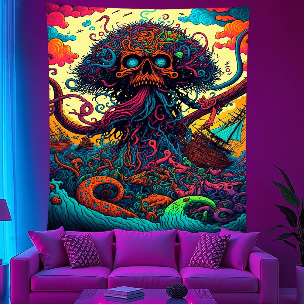 UV Blacklight Skeleton Tapestry Wall Hanging Psychedelic Ghost Glow Bedroom Dorm Home Decor Polyester Fabric
