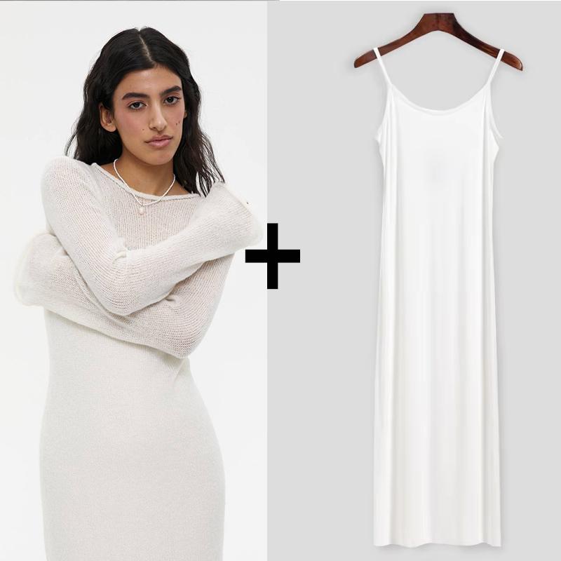 Jaro Podzim O-Výstřih Elastické Pletené Dlouhé Šaty Ženy Elegantní Šik Měkké Dámské Vykrojené Svetrové Šaty Femme Nové