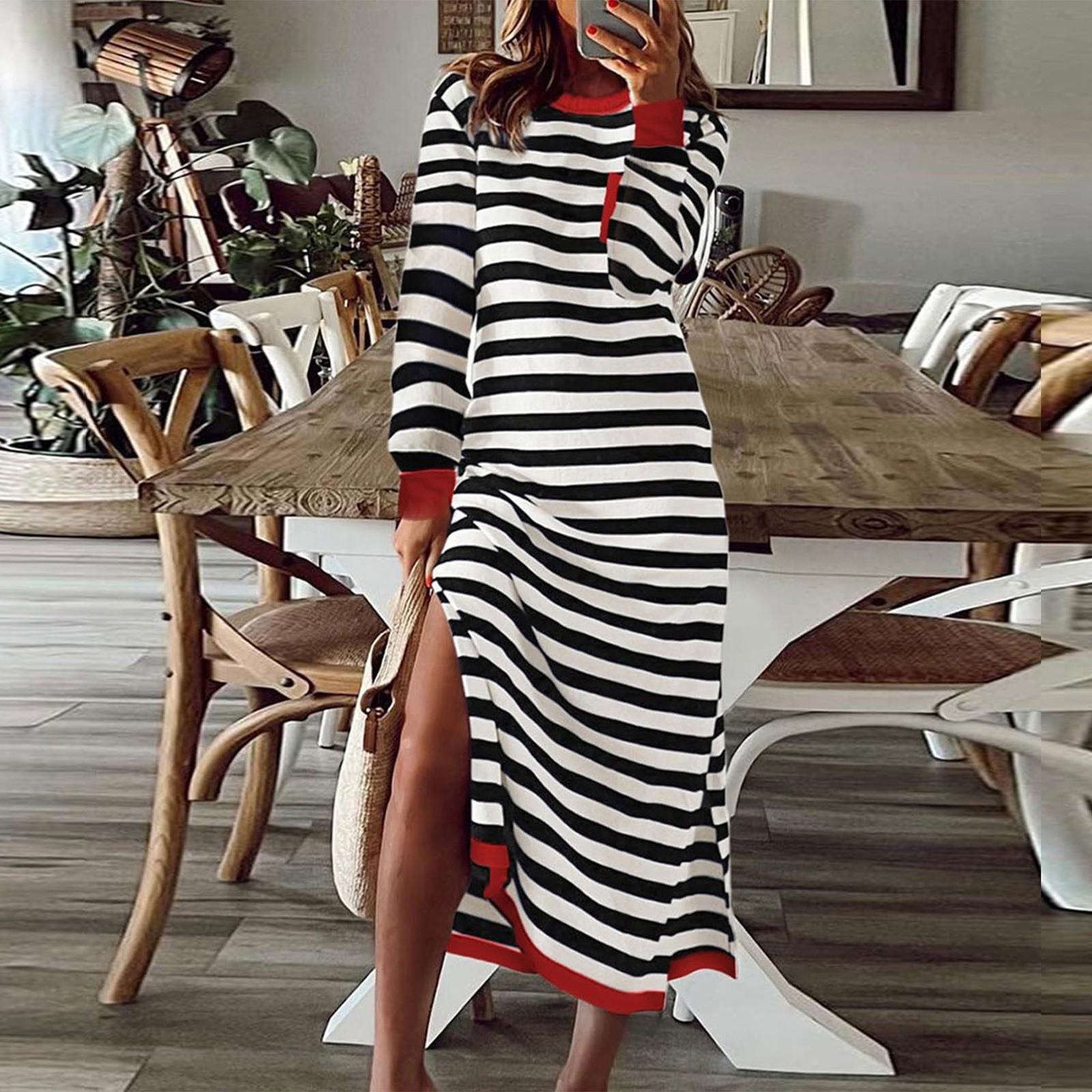Women s Fall Long Sleeve Pullover Tops Crewneck Patchwork Sweatshirt Casual Dresses L чёрный