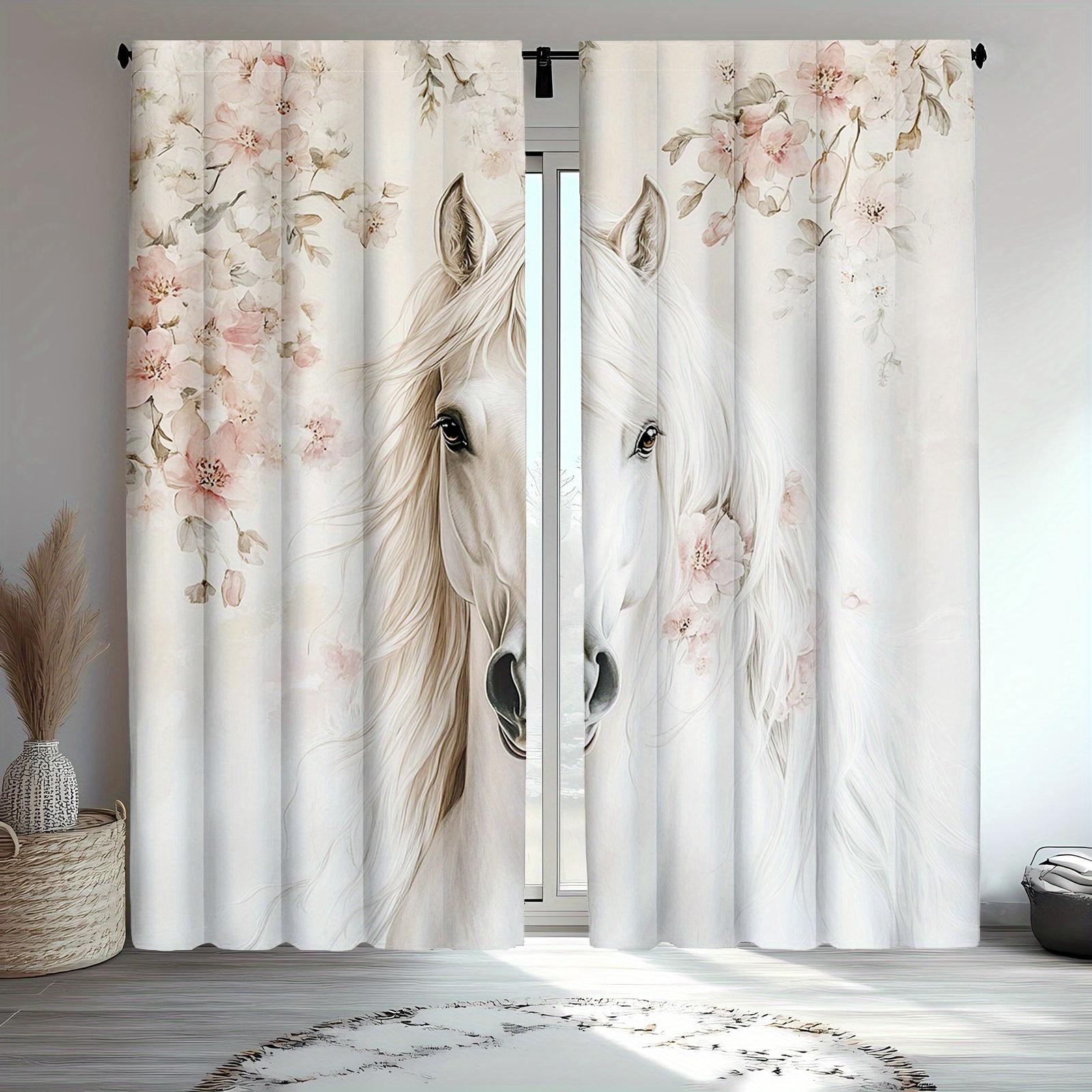 

Traditional Horse Floral Print Curtains Polyester Fabric Suitable Bedroom Living Room Curtain Made Of Washable Great Ready W100*H70(CM)-Hooks&2PCS