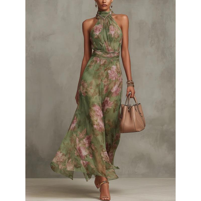 2026 new summer European and American women's clothing neck mesh sleeveless sexy elegant dress long dress