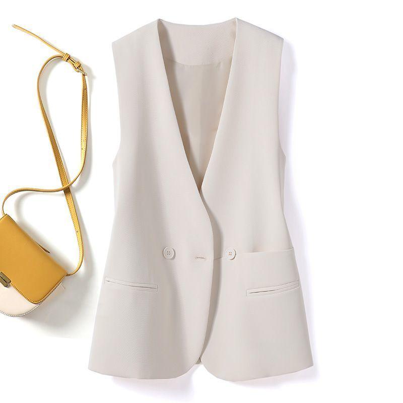 

Весна Осень Женский Жилет Повседневный Без рукавов Свободного кроя Корейский стиль Модная верхняя одежда XL бежевый