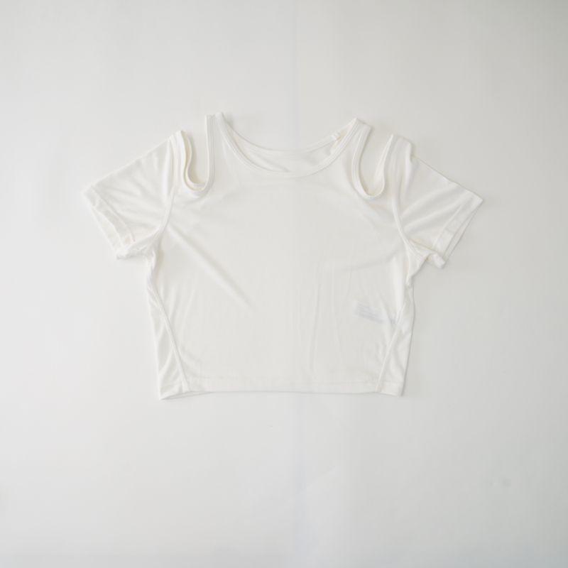 

Yoga Clothes Short Sleeve Tops New Arrival 2025 Sports Plaid Shoulder Cut Out Yoga T-shirt Everyday Joker Fitness Women White S