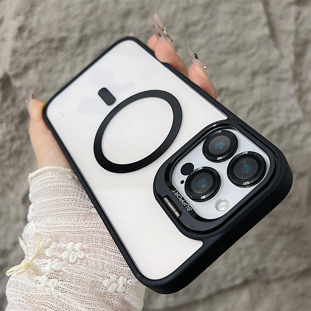 Magsafe Magnetic Lens Protection Stand Phone Case For IPhone 11 12 13 14 15 16 Pro Max Camera Glass Transparent Metal Ring Cover