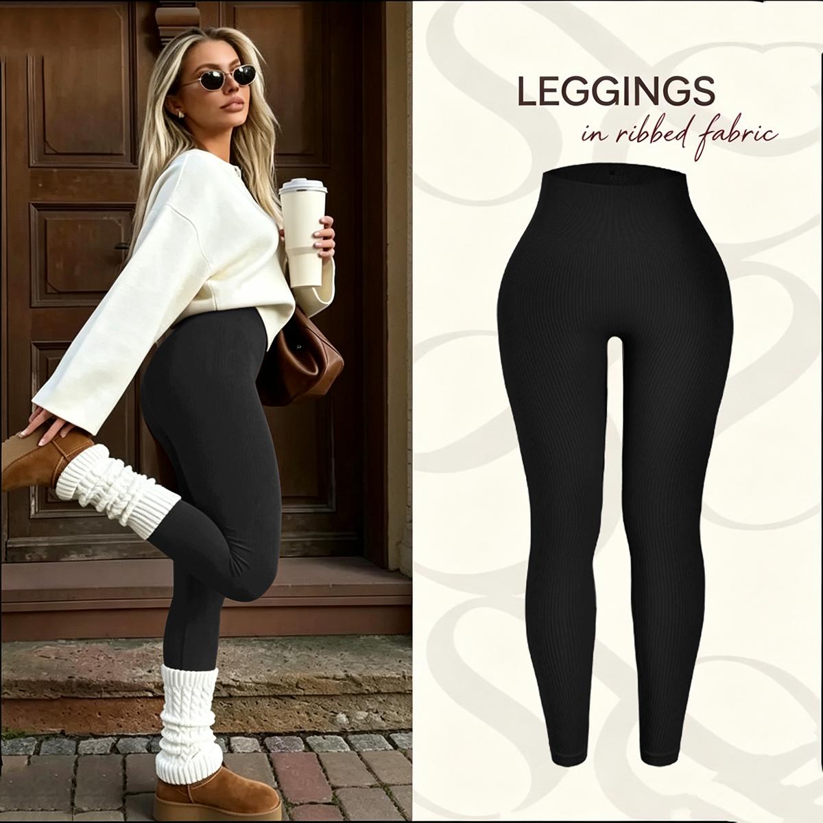 Damen Gerippte Leggings Gestrickte Leggings Damen Nahtlose Schlanke Strumpfhosen Hohe Taille Po-Hebend Hohe Elastizität Yoga Fitnesshose S schwarz