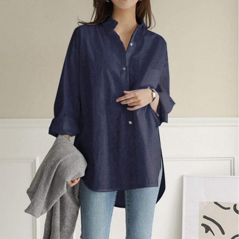 Fashion Casual Plus Size Loose Women's Shirts Button Up Long Sleeve Irregular Autumn White Blouses Women Solid Simple Office Ladies Blouse Tops 26027