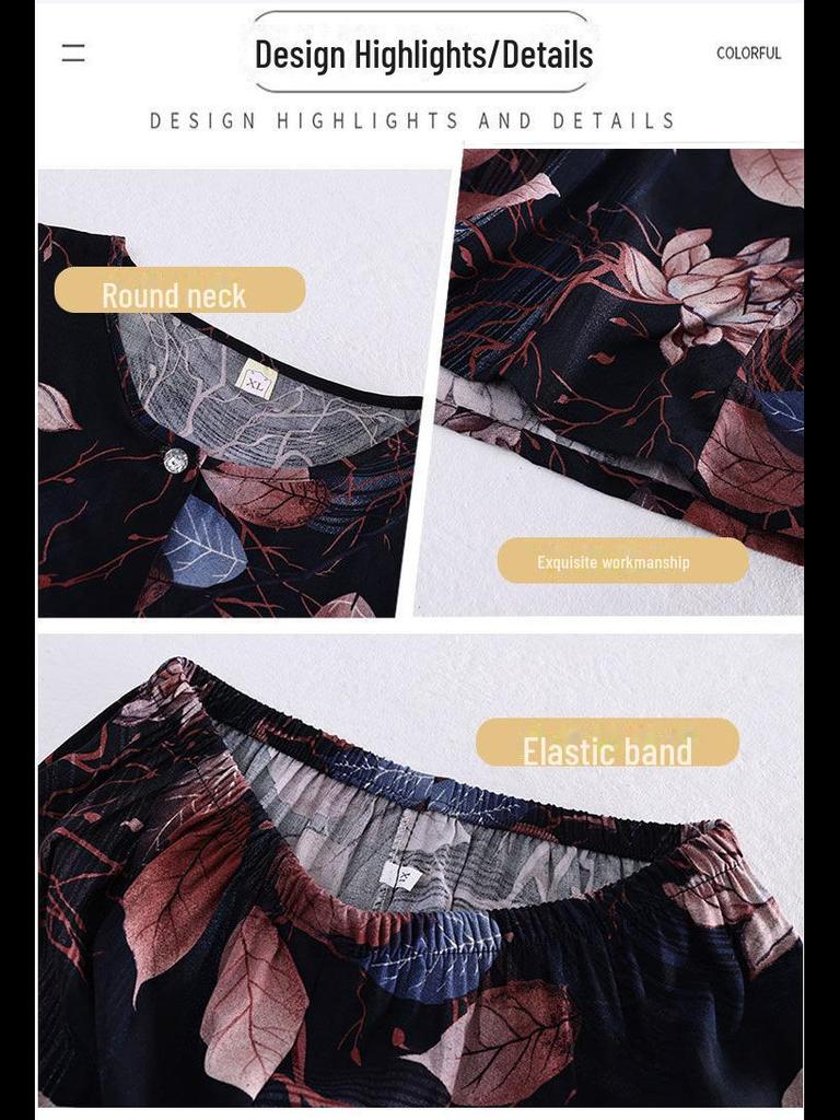 Women's Cotton Silk Pajama Set: Long-Sleeve Top & Trousers for Middle-aged & Elderly, Spring/Summer. Perfect As Homewear or Outerwear.