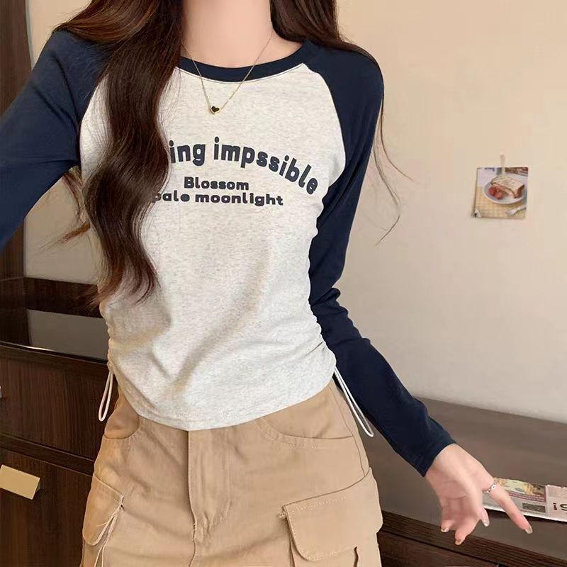 Plus Size Spring/Autumn Slim-fit Long Sleeve Drawstring Cropped Top for Women, Round Neck Base Layer T-shirt, 2025 New Collection.