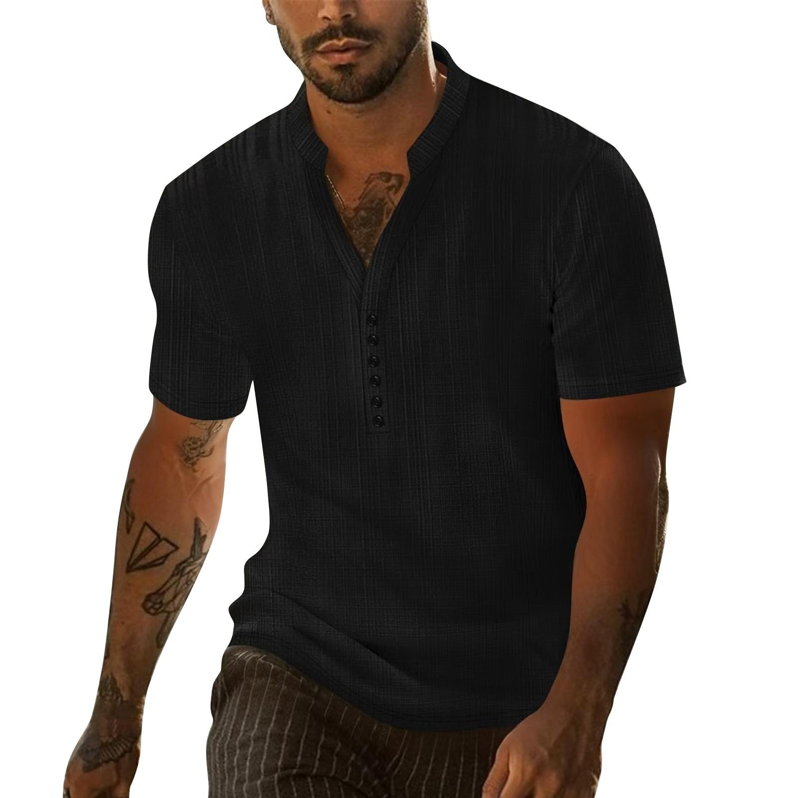 

Men s Summer Color Retro Faux Linen Button Collar Loose Short Sleeve Top M