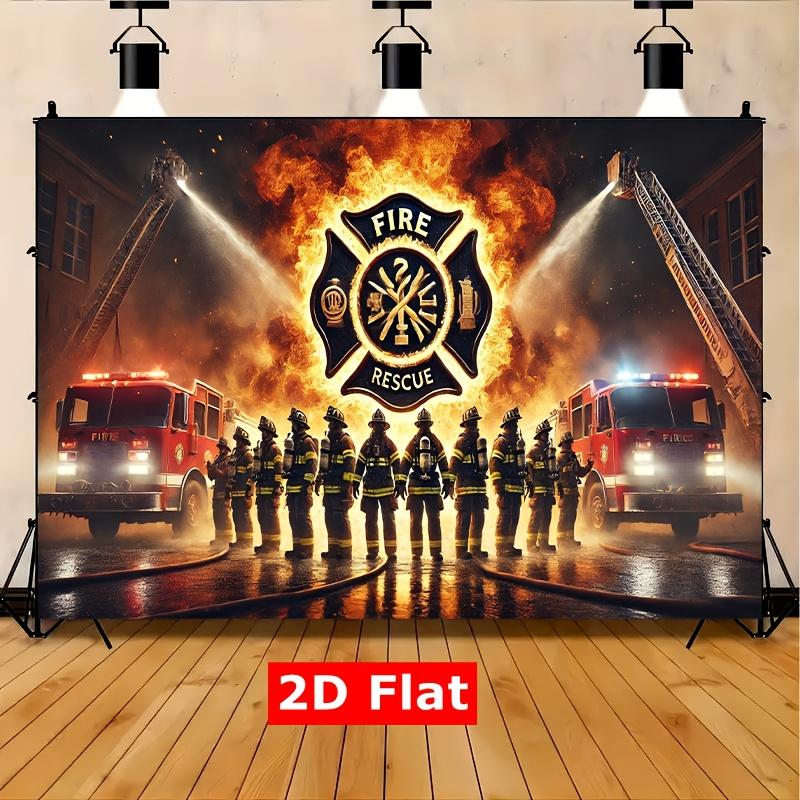 1 piece of 2D flat firefighter brave rescue scene polyester fabric, 8x6 feet party bannerDJH