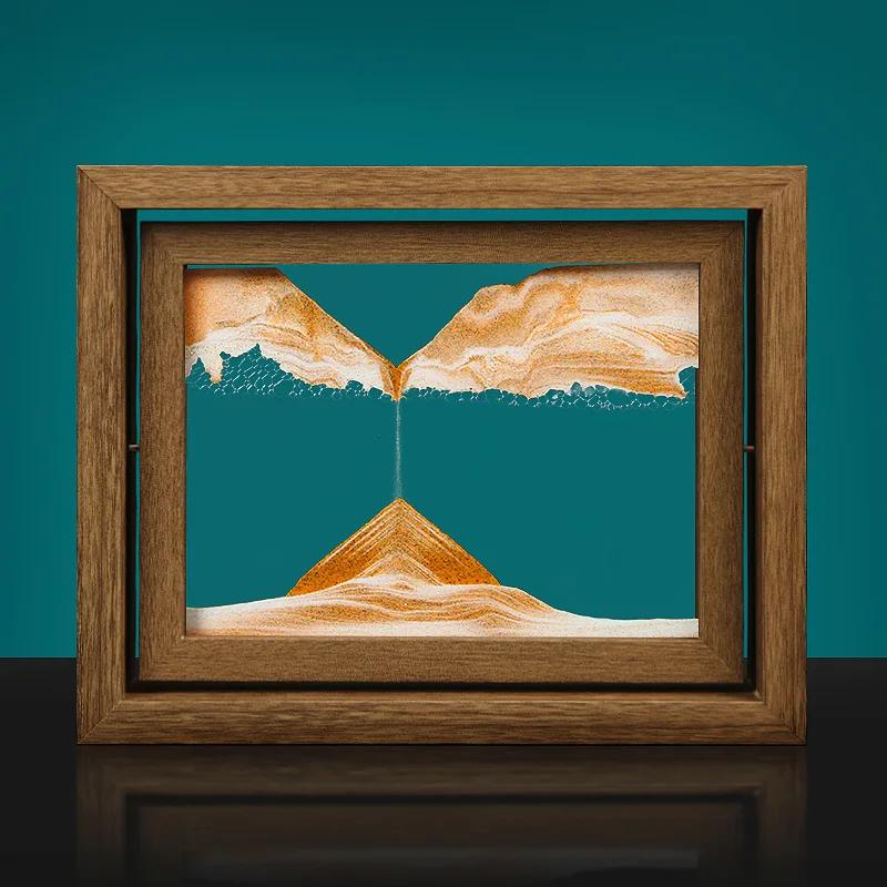 Moving Sand Art 3D Sandscape Quicksand Painting Liquid Hourglass Rotatable Wooden Frame Flowing Sand Home Decor Christmas Gift