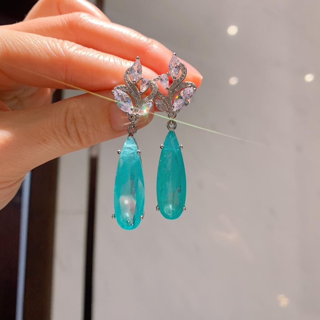 S925 Silver Needle Studded Droplet Shaped Paraiba Earrings With Versatile Personality Emerald Exaggerated