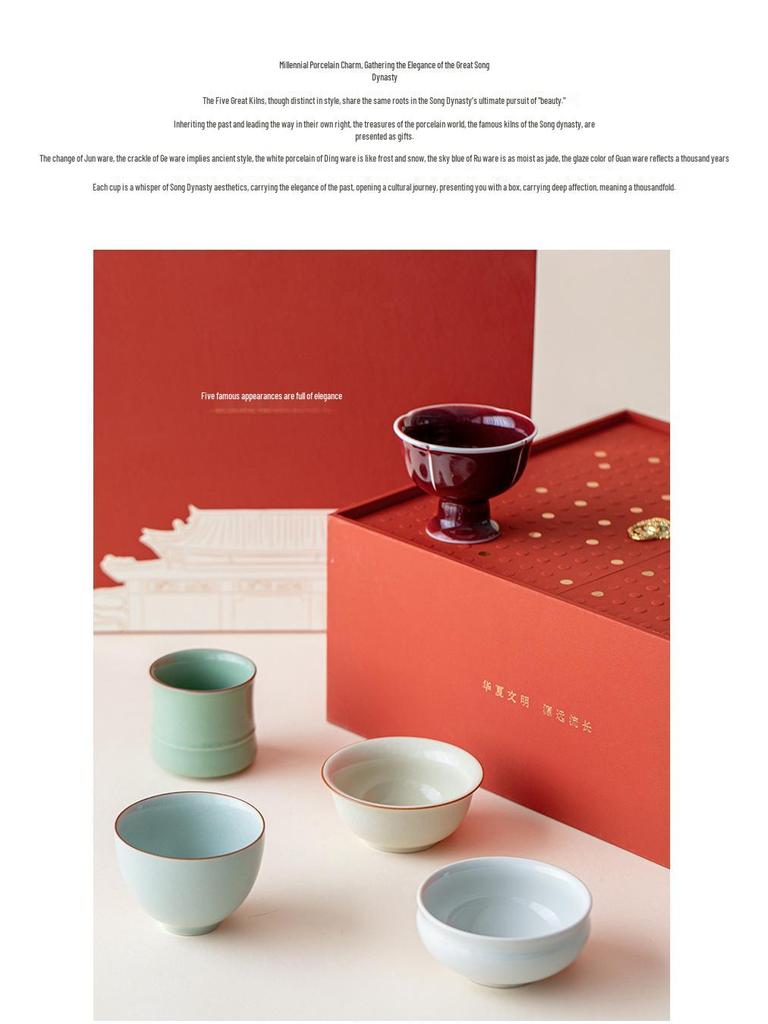 Five Blessings Teacup Gift Set – Chinese Ceramic Tasting Cups for Business or Souvenir