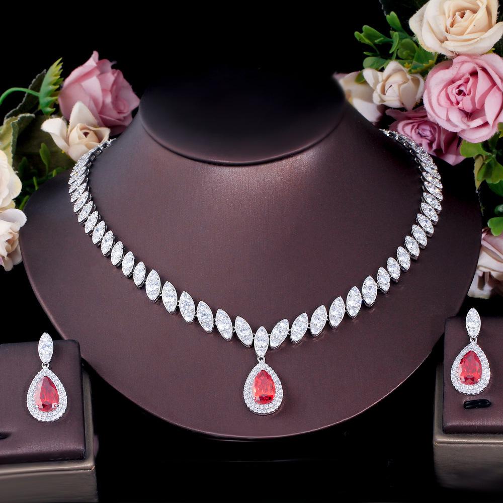 Korean Bridal Set: Eco-friendly Copper Necklace & Zircon Earrings for Weddings