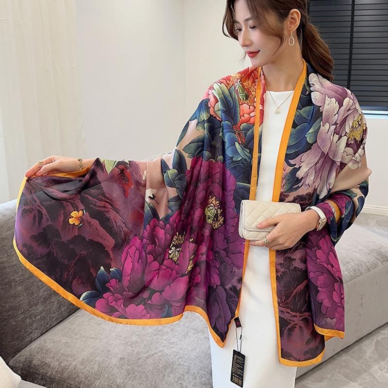 Peony flower luxury scarf women's goods new silk scarf long large size travel shawl sun protection