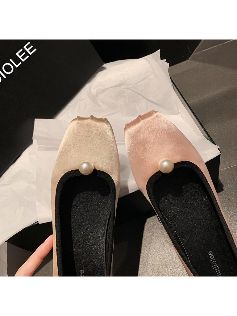 Grape Mother Studiee New Satin Pearl Square Head Temperament Versatile Shallow Mouth Ballet Flat Shoes Women