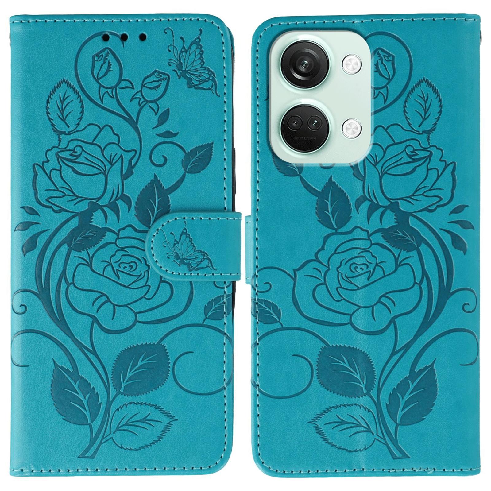 

For OnePlus Nord 3 5G Case Wallet Stand Imprinted Rose Butterfly PU Leather Phone Cover Blue