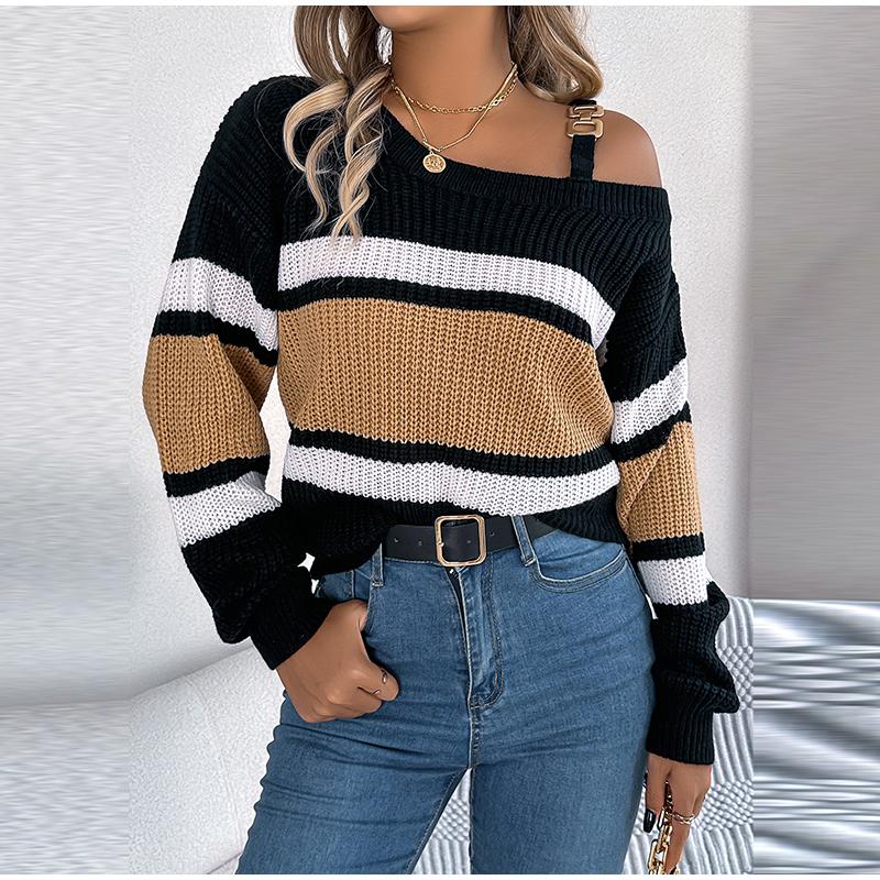 Сексуальный полосатый трикотажный пуловер с вырезом-лодочкой — фото 7