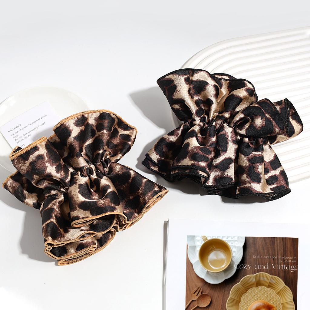 Fashionable Leopard Print Double-layer Large Intestine Headband Hair Accessory, Retro Low Ponytail Headband, Floral Leather Band