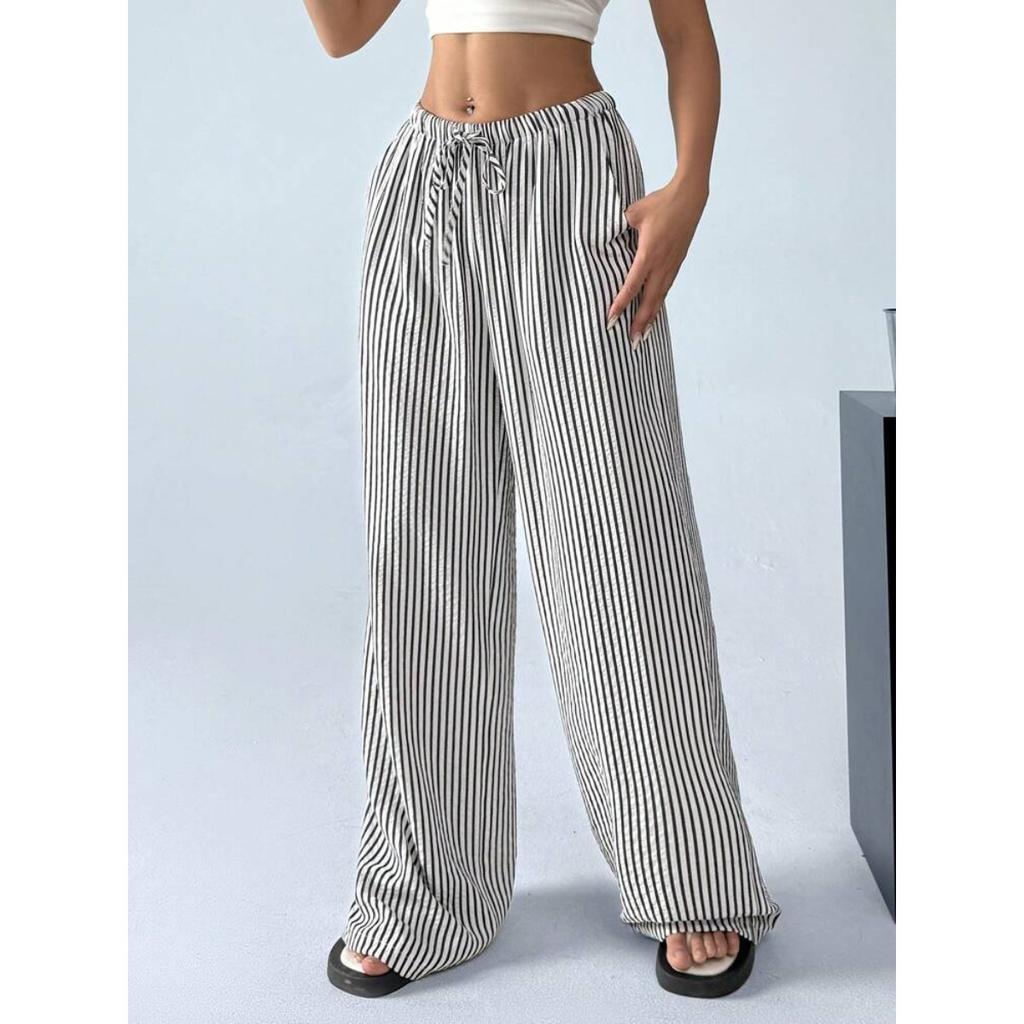 Women's Drawstring Waist Striped Wide Leg Pants Casual Loose Straight Leg Trousers