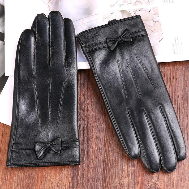Women's Autumn and Winter Sheepskin Gloves Outdoor Riding Driving Plus Velvet Warm and Cold Great Wall Flower Touch Screen Gloves