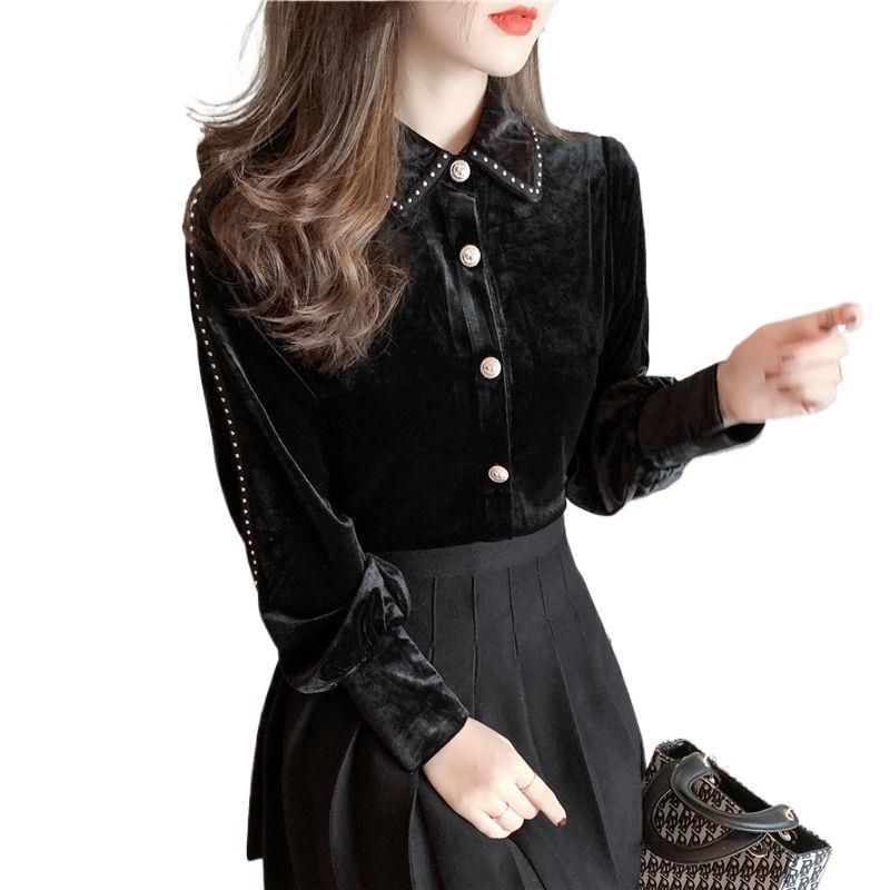 Women's Gold Velvet Flannel Shirt - Thick, Long Sleeve Base Layer for Autumn/Winter 2025