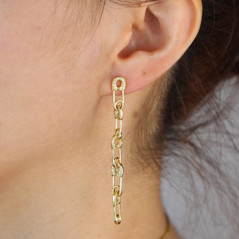 18k Gold Plated Trendy Women Jewelry Clear Cz Long Tassel Safety Pin Dangle Earring