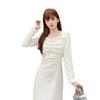 French Velvet Temperament Long-sleeved Dress Women's Spring New Pleated Waist Thin Inner Bottom Long Dress
