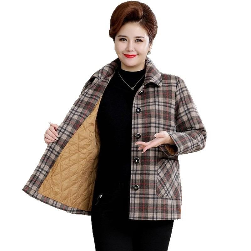 Middle-aged and old women's clothing autumn and winter new cotton plaid jacket fattened large size 0kg fashionable loose thickened padded jacket
