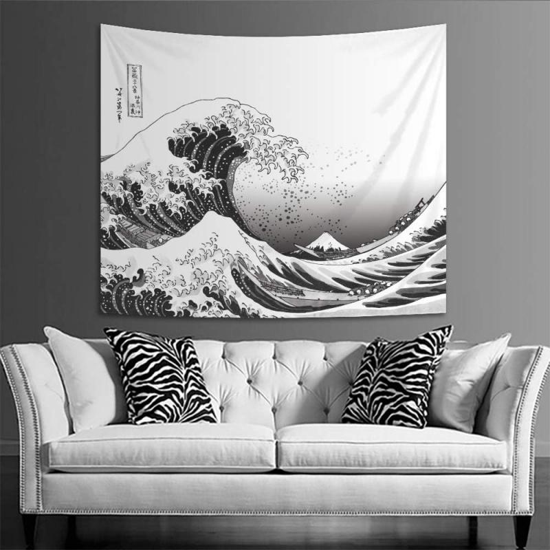 The Great Wave off Kanagawa Black & White Tapestry Japanese Ukiyo-e Art Wall Hanging for Living Room Bedroom Study Decor