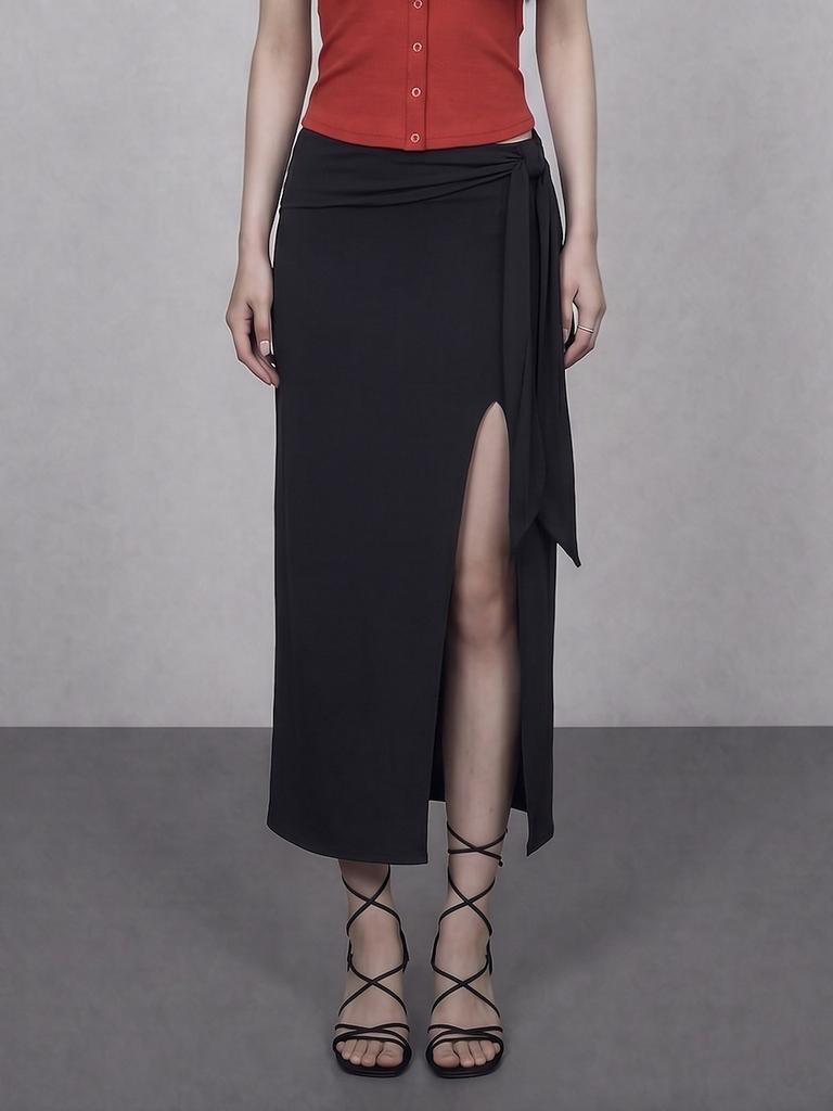 Boundary Glam Tie Strap Slit Maxi Skirt Bk_B261Msd114