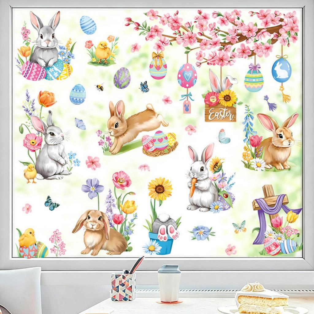 2 Sheets Easter Bunny Window Clings Cartoon Egg Stickers Cute Decoration For Home Classroom Nursery Shop Glass Display Decorations