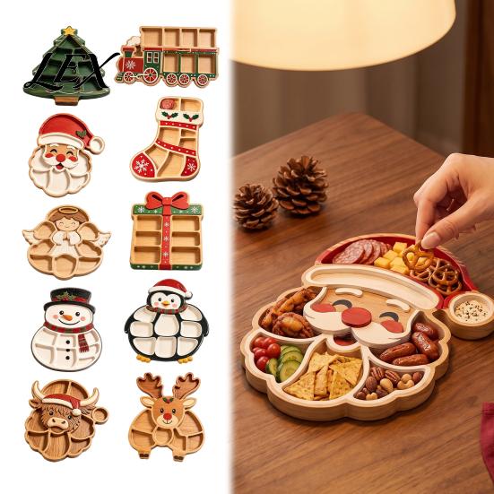 Festive Fruit Dish with Compartments Christmas Tree Serving Platter, Wooden Snack Tray for Holiday Parties, Multi-Compartment Food Display Creative