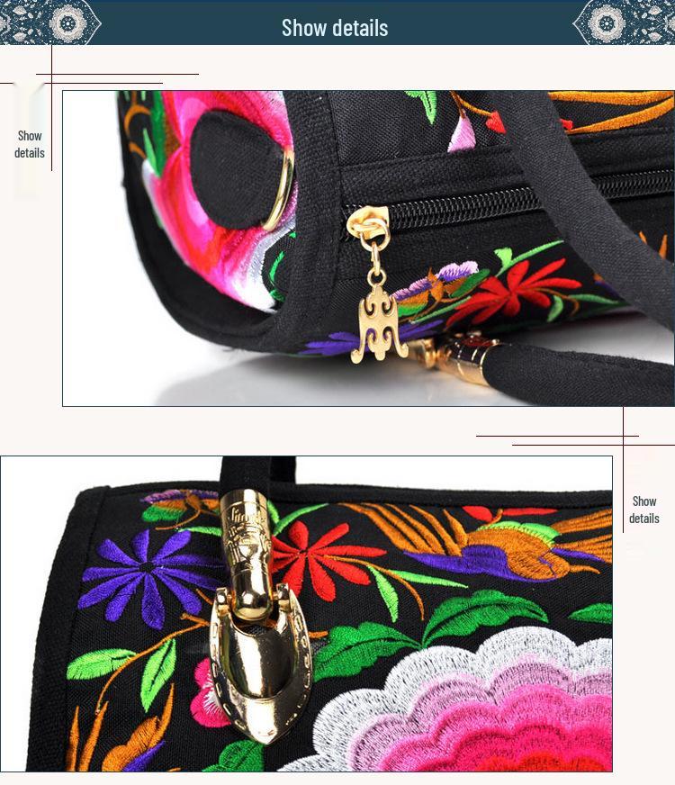 Ethnic Embroidered Drum-Shape Tote & Crossbody Canvas Bag