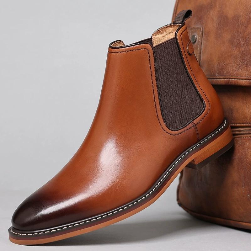 Fashion High Quality Men's Genuine Leather Chelsea Boots Top Layer Cowhide Lining Raw Rubber Sole Latex Slip-On Ankle Shoes