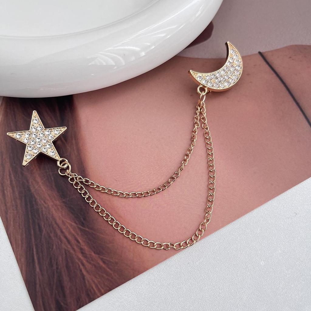 Trendy Rhinestone Moon & Pentagram Brooch for Suits