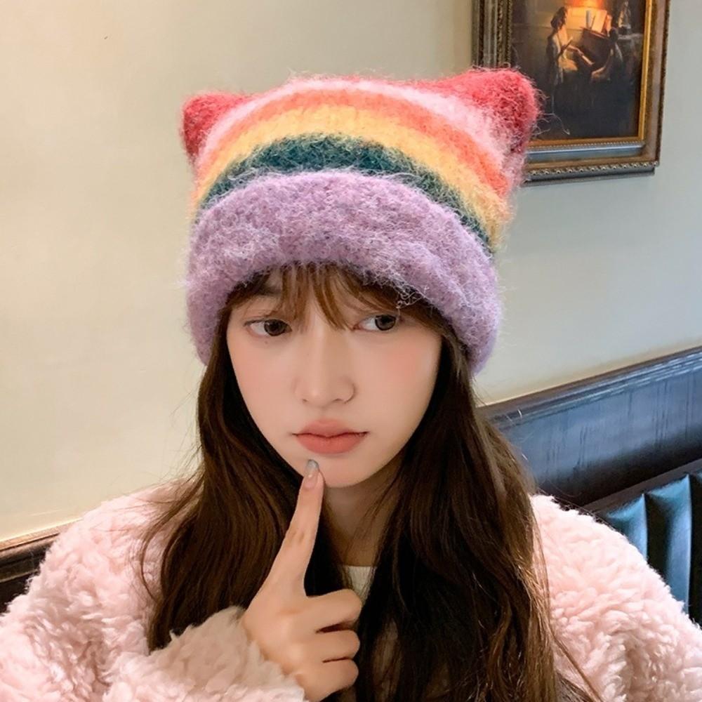 Gradient Striped Bucket Hat Colored Women Beanie Hat Casual Woolen Knitted Hat  Ladies