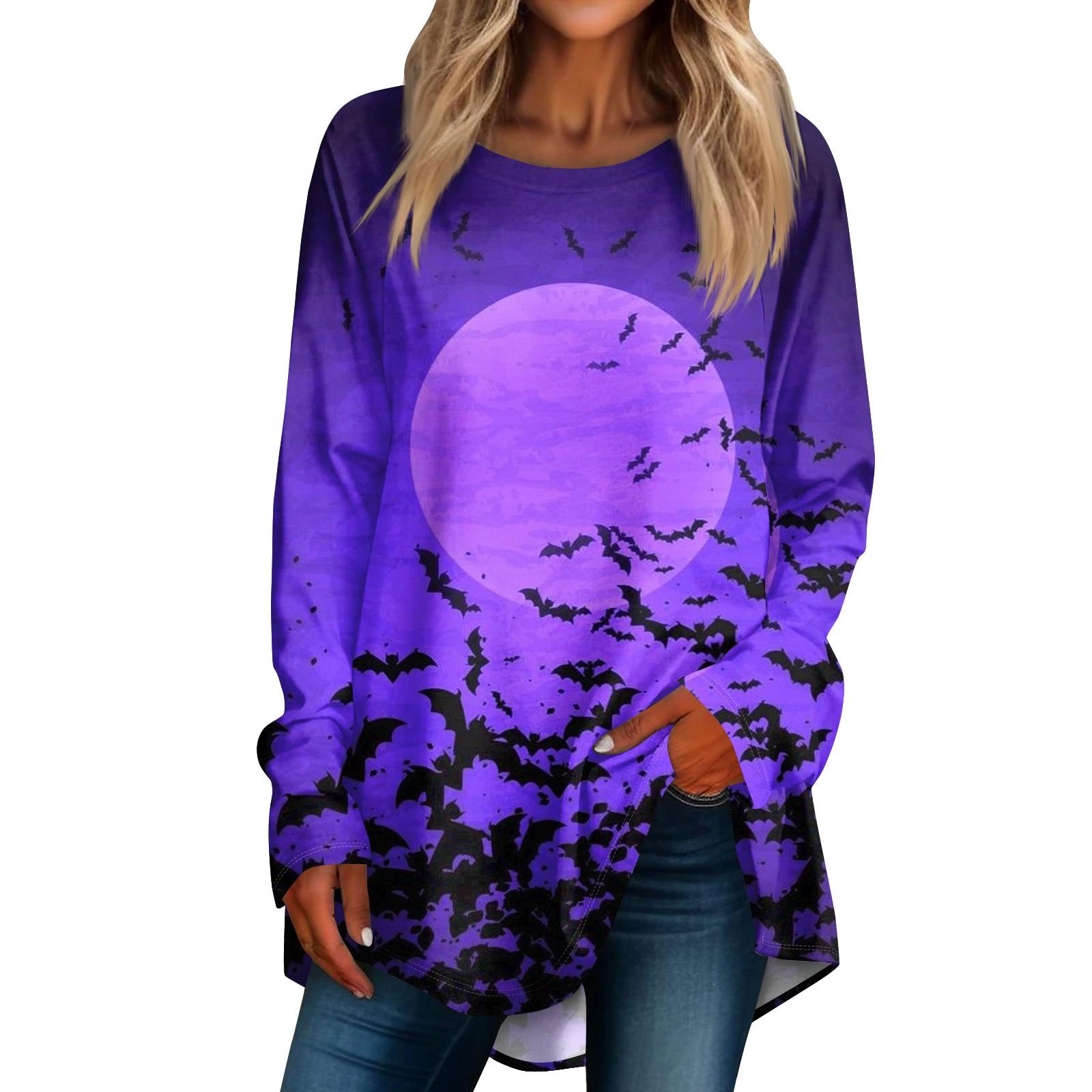 

Женская свободная футболка с круглым вырезом и принтом Хэллоуина, длинный рукав, топ, пуловер XL фиолетовый