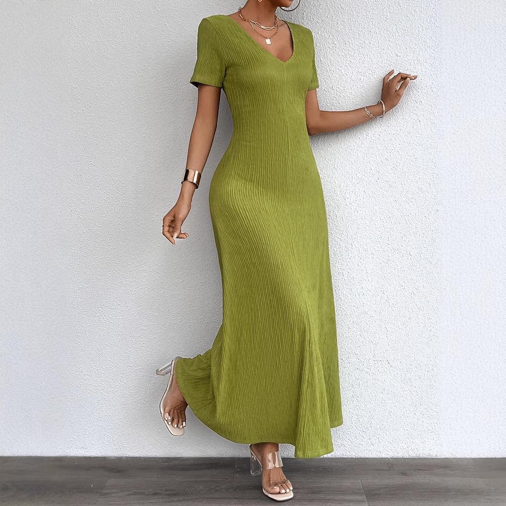 Letnia nowość, bestsellerowy damski strój w dużych rozmiarach, gładki kolor, seksowna, z głębokim dekoltem V, z krótkim rękawem, długa sukienka