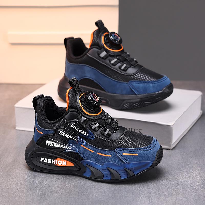 Kids' Waterproof Leather Sports Shoes with Shock Absorption & Rotary Buckle - Soft Sole for Autumn/Winter Running