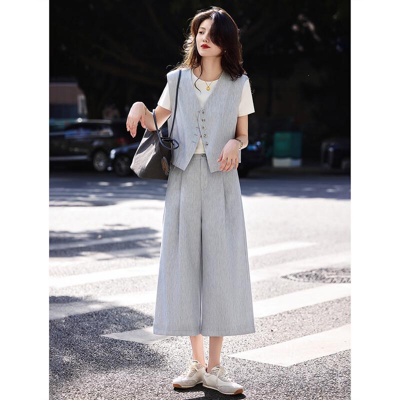 Fashion Commuter Vest & Wide-Leg Cropped Pants Two-Piece Set