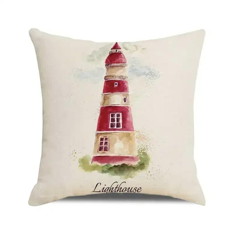 Watercolor Painting Nautical Lighthouse Ocean Seagull Boat Home Sofa Cushion Cover Home Decor Pillowcase