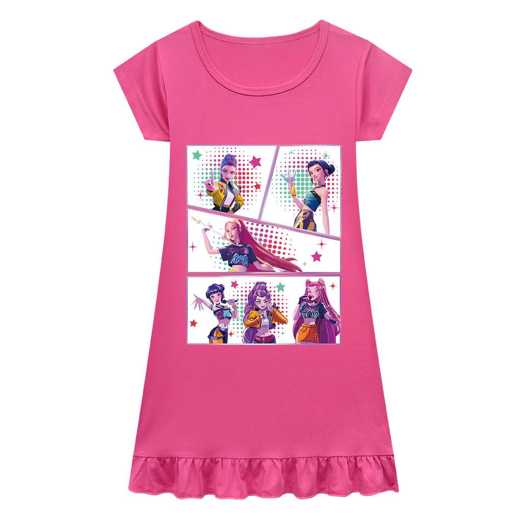 Kids Girls Anime Cartoon K-POP Rumi Zoey Mira Print Pleat Short Sleeve Casual Round Neck Dress
