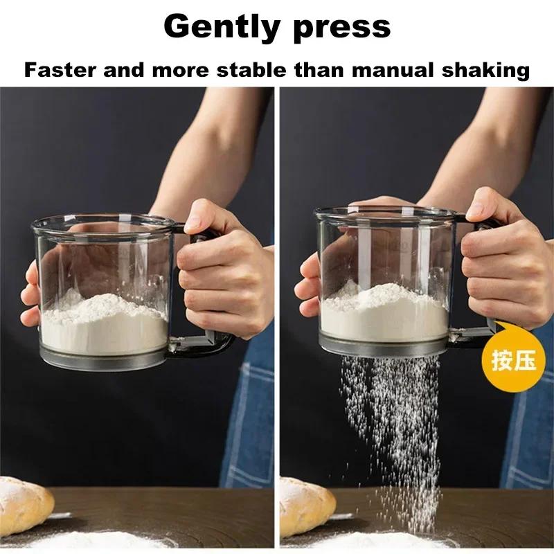Küchenmehlsieb, Hand-Halbautomatik, Zuckersieb, Pulverstreuer, Griff, Messbecher, Werkzeug zum Backen, Küchenwerkzeuge