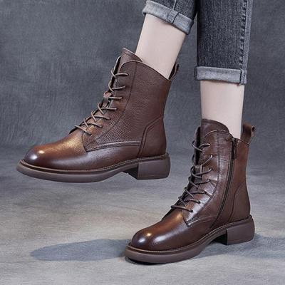 Sapatos de couro genuíno botas femininas zíper bico redondo plana com cadarço retrô feito à mão costura botas plataforma casuais