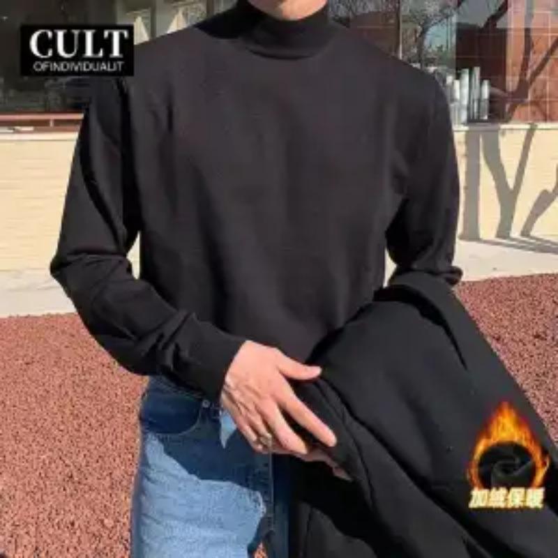 Half-turtleneck Sweater Men In Autumn Winter Plus Velvet Warmth Mid-collar Knitted Bottoming T-shirt