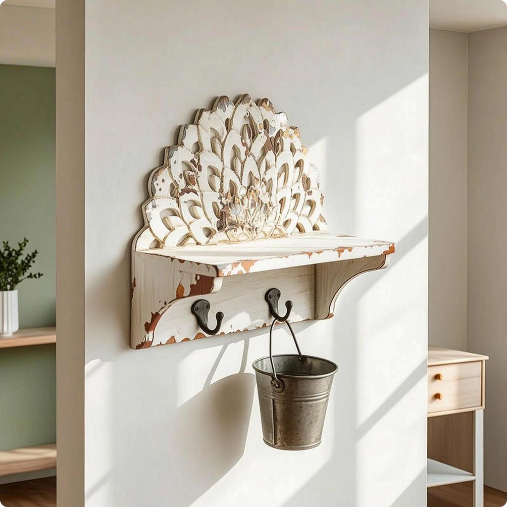 Wall Shelf with Hooks Entryway Coat Rack Distressed Wall-Mounted