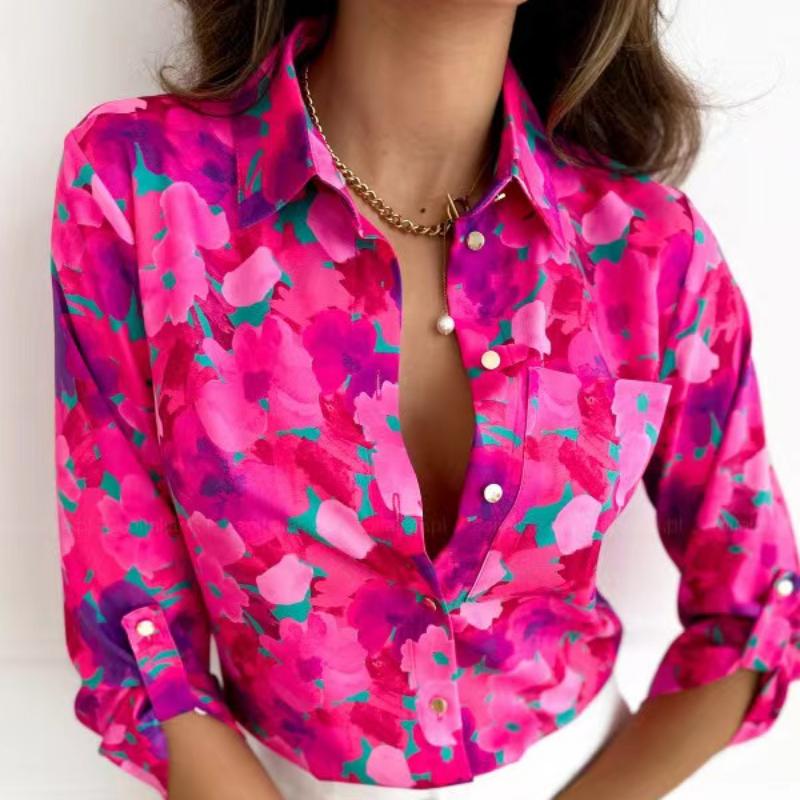 Camicia Vintage a Maniche Lunghe con Stampa Donna Colletto Classico Blusa Casual Top da Ufficio Abbottonatura Camicie Eleganti Larghe Femminili 24189