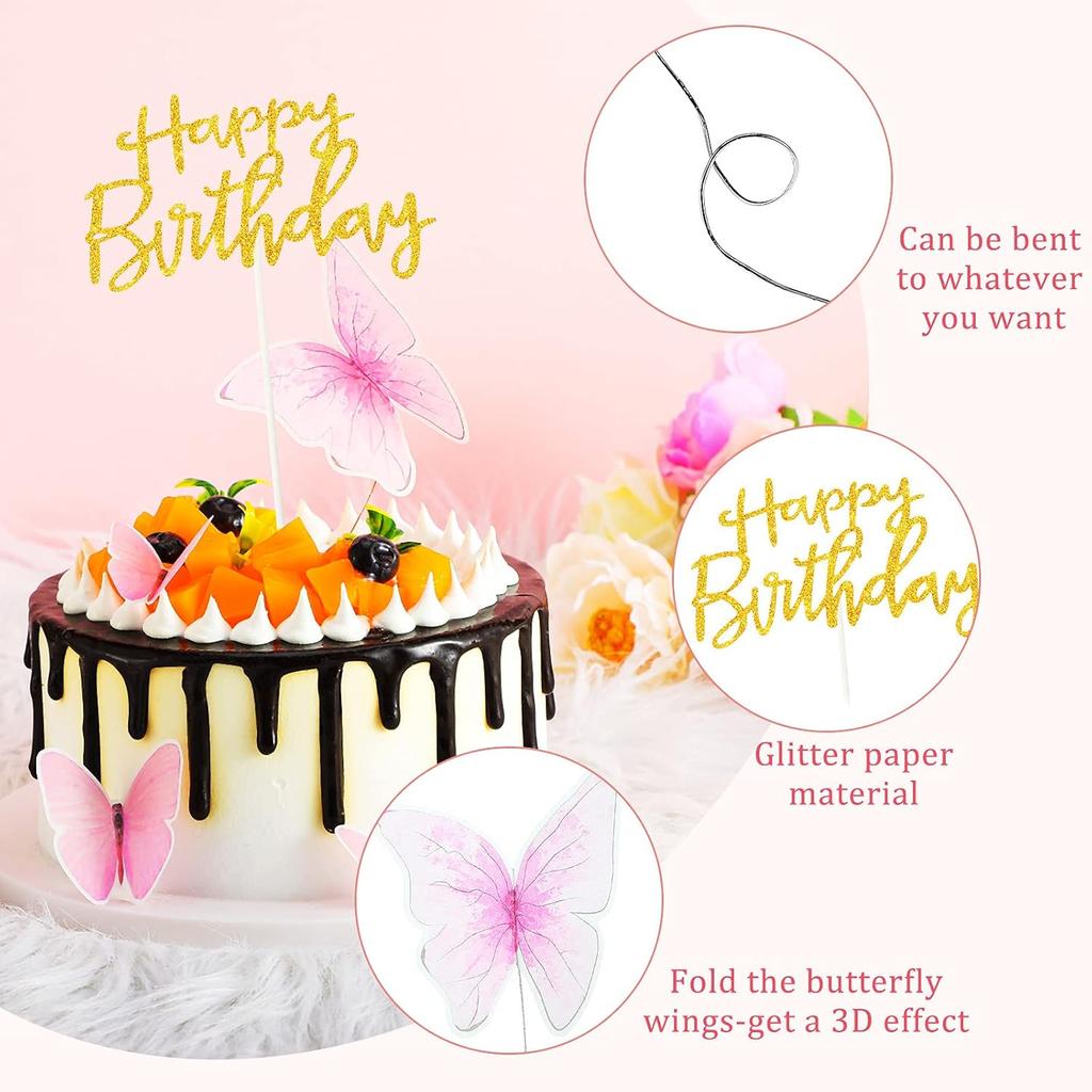 Zonon 60 Pcs Butterfly Cake Toppers with Happy Birthday Cake Topper, 3D Butterfly Topper Mixed Size Color Party Decors for Birthday Wedding